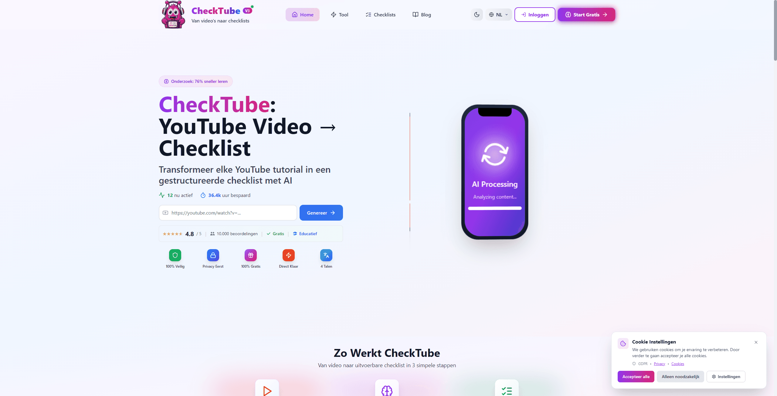 Screenshot van checktube.nl